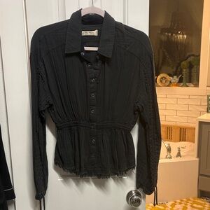 We The Free Black Button-Front Peplum Long-Sleeve Top
